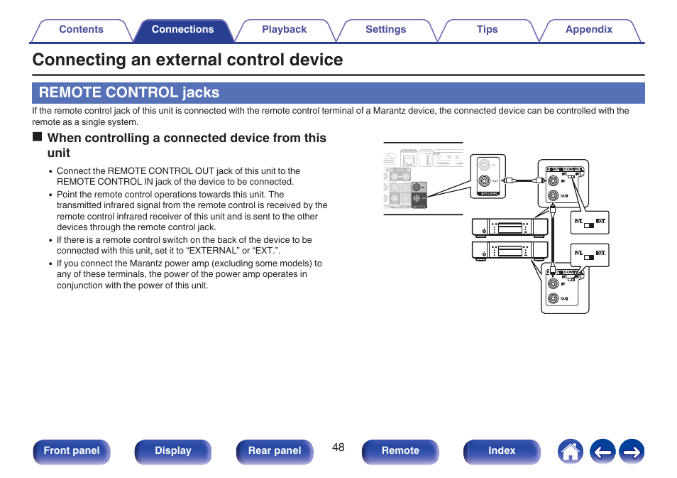 Connecting an external control device, Remote control jacks, Unit and external devices from a different room | P. 48) | Marantz Stereo 70S 2.1-Channel Network A/V Receiver User Manual | Page 48 / 218