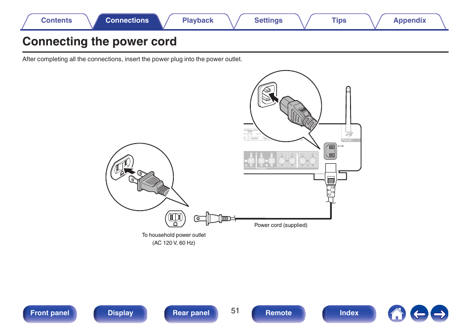 Connecting the power cord, Used to connect the power cord, P. 51) | Marantz Stereo 70S 2.1-Channel Network A/V Receiver User Manual | Page 51 / 218
