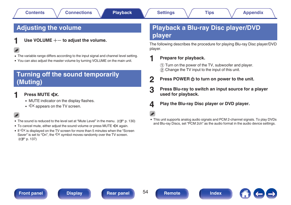 Adjusting the volume, Turning off the sound temporarily (muting), Playback a blu-ray disc player/dvd player | P. 54) | Marantz Stereo 70S 2.1-Channel Network A/V Receiver User Manual | Page 54 / 218