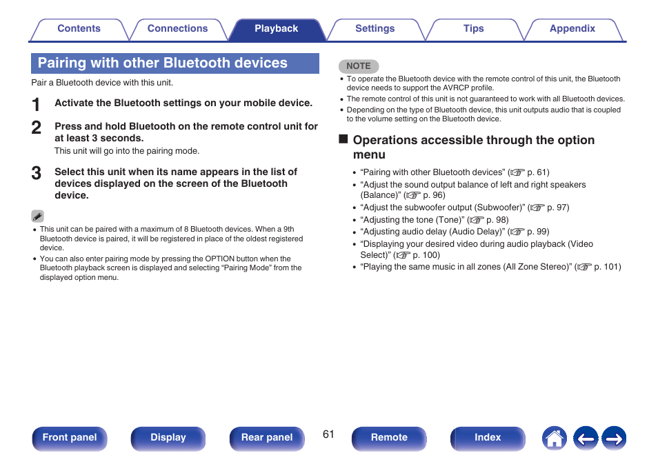 Pairing with other bluetooth devices, Ooperations accessible through the option menu | Marantz Stereo 70S 2.1-Channel Network A/V Receiver User Manual | Page 61 / 218