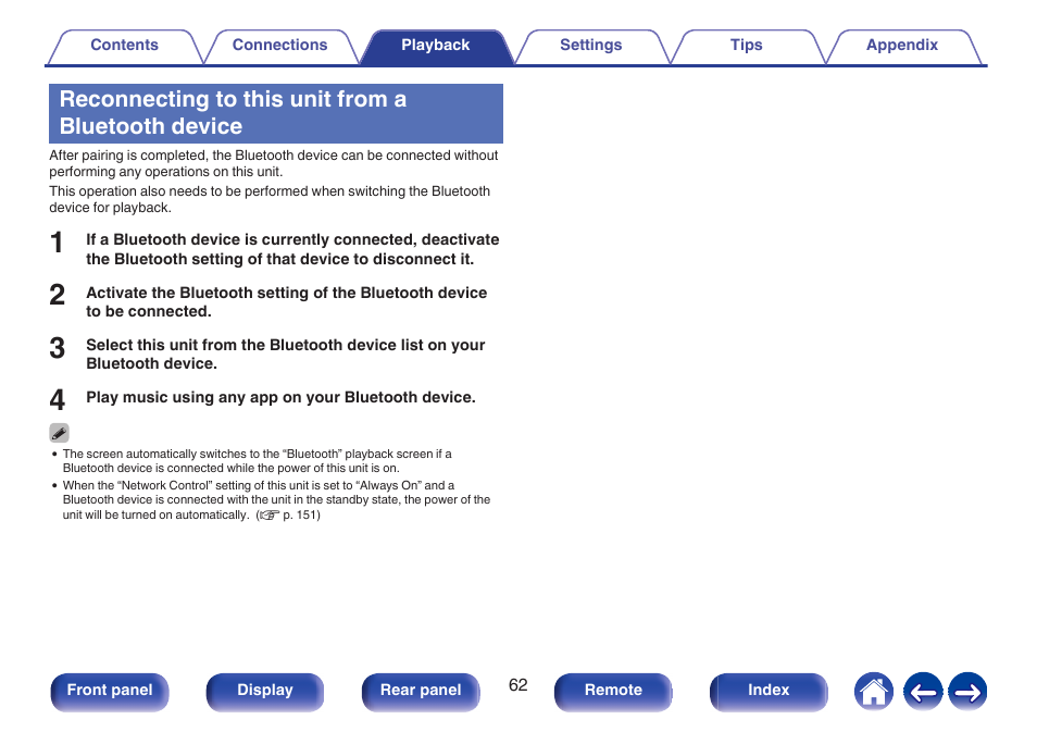 Reconnecting to this unit from a bluetooth device | Marantz Stereo 70S 2.1-Channel Network A/V Receiver User Manual | Page 62 / 218