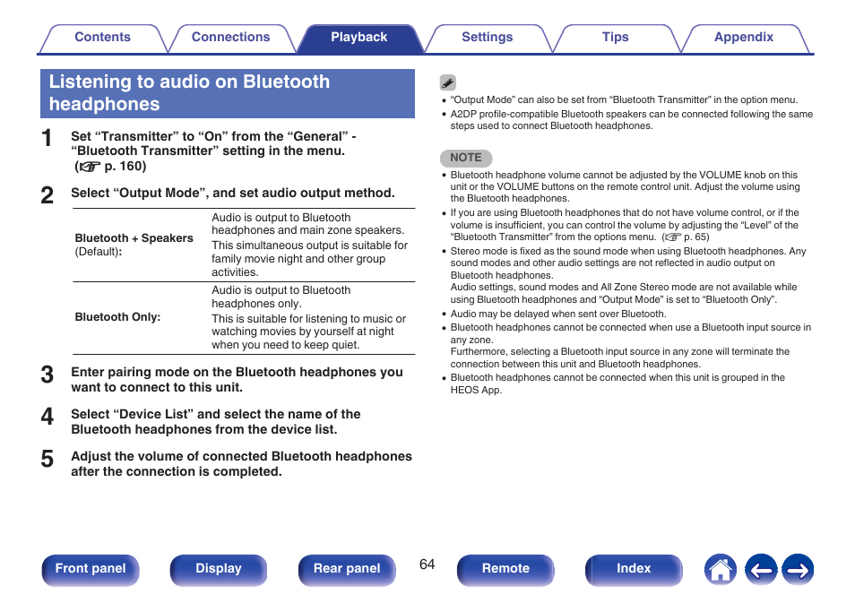 Listening to audio on bluetooth headphones | Marantz Stereo 70S 2.1-Channel Network A/V Receiver User Manual | Page 64 / 218