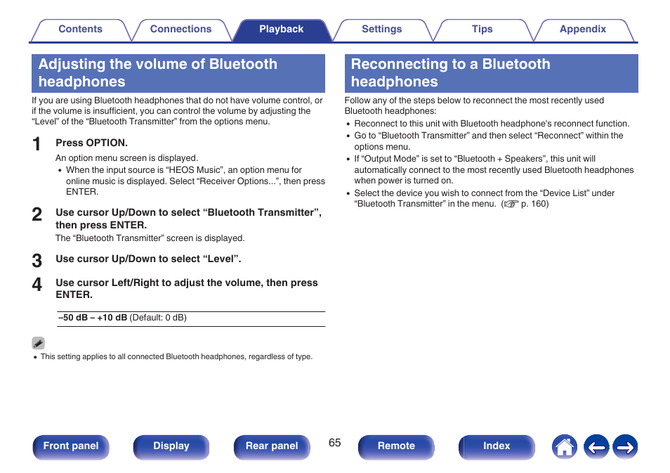 Adjusting the volume of bluetooth headphones, Reconnecting to a bluetooth headphones, Bluetooth transmitter” from the options menu | P. 65) | Marantz Stereo 70S 2.1-Channel Network A/V Receiver User Manual | Page 65 / 218