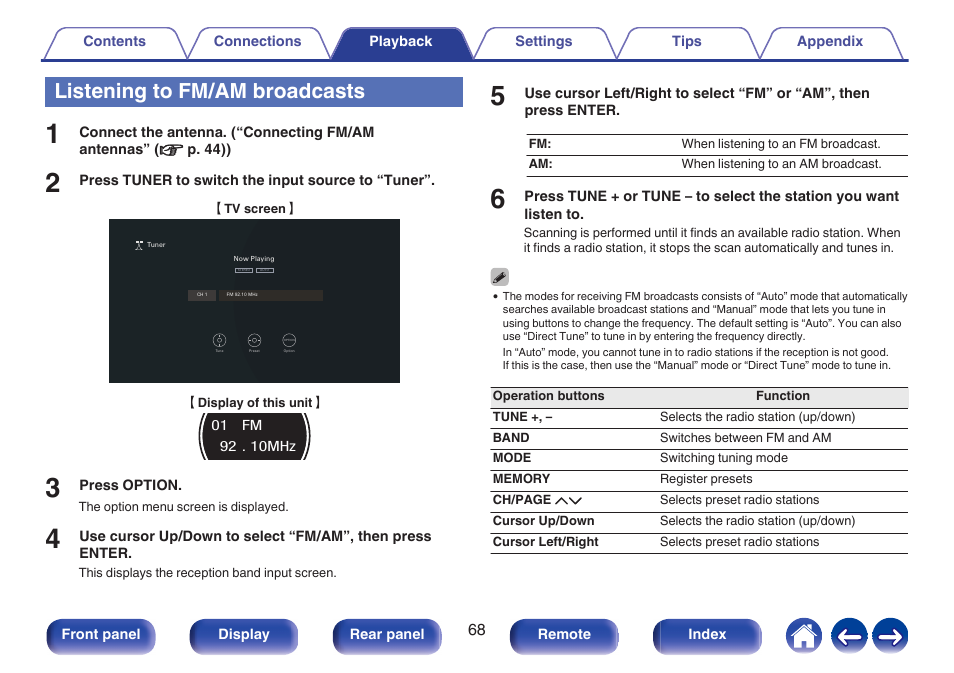 Listening to fm/am broadcasts, These select either fm broadcast or am broadcast, P. 68) | This switches the reception band | Marantz Stereo 70S 2.1-Channel Network A/V Receiver User Manual | Page 68 / 218