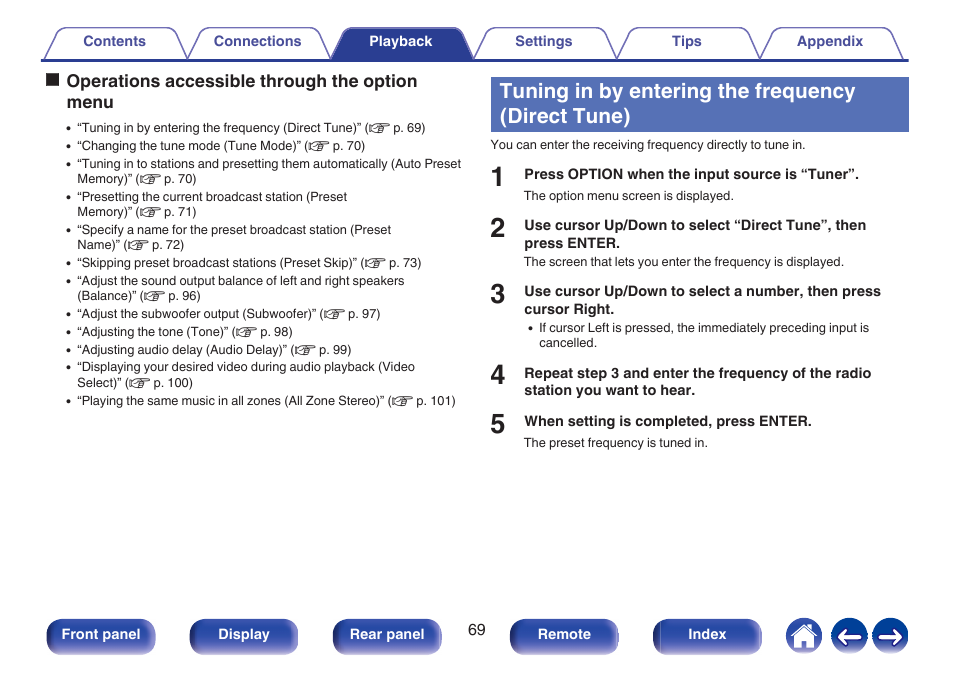 Tuning in by entering the frequency (direct tune), Ooperations accessible through the option menu | Marantz Stereo 70S 2.1-Channel Network A/V Receiver User Manual | Page 69 / 218