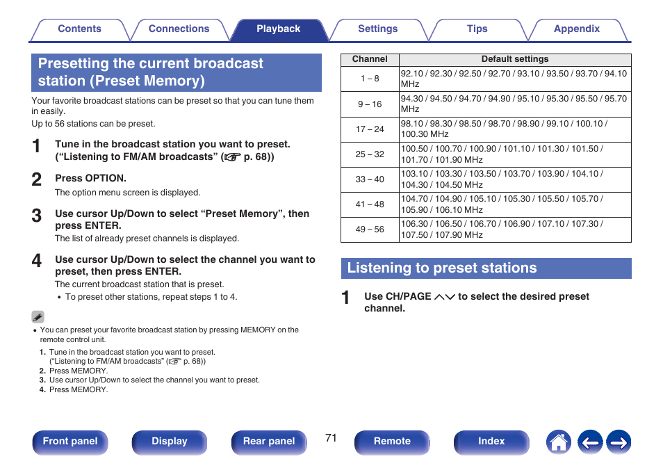 Listening to preset stations, P. 71), The current broadcast station that is preset | Presetting the current broadcast station (preset, Memory) | Marantz Stereo 70S 2.1-Channel Network A/V Receiver User Manual | Page 71 / 218