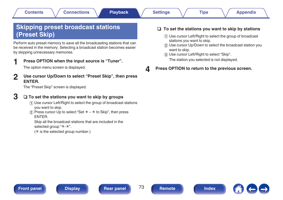 Skipping preset broadcast stations (preset skip), P. 73) | Marantz Stereo 70S 2.1-Channel Network A/V Receiver User Manual | Page 73 / 218