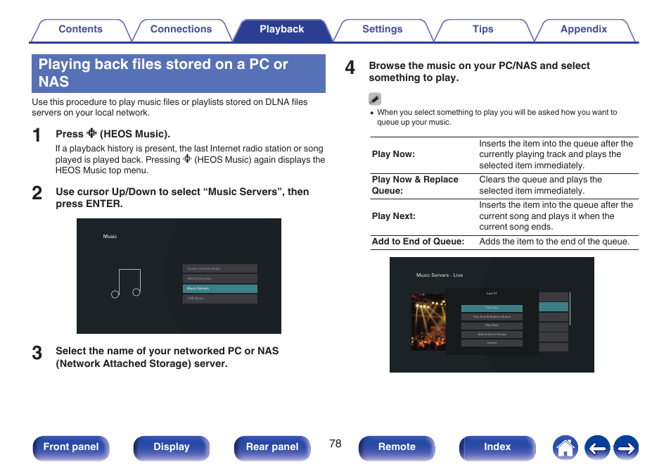 Playing back files stored on a pc or nas | Marantz Stereo 70S 2.1-Channel Network A/V Receiver User Manual | Page 78 / 218