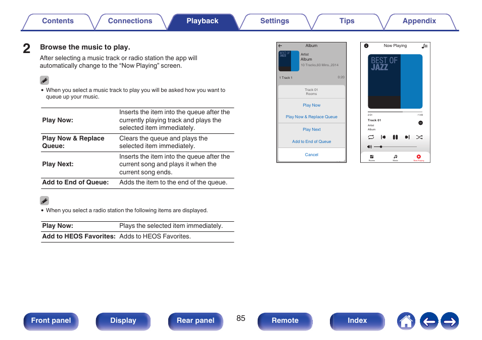 Browse the music to play, Front panel display rear panel remote index | Marantz Stereo 70S 2.1-Channel Network A/V Receiver User Manual | Page 85 / 218