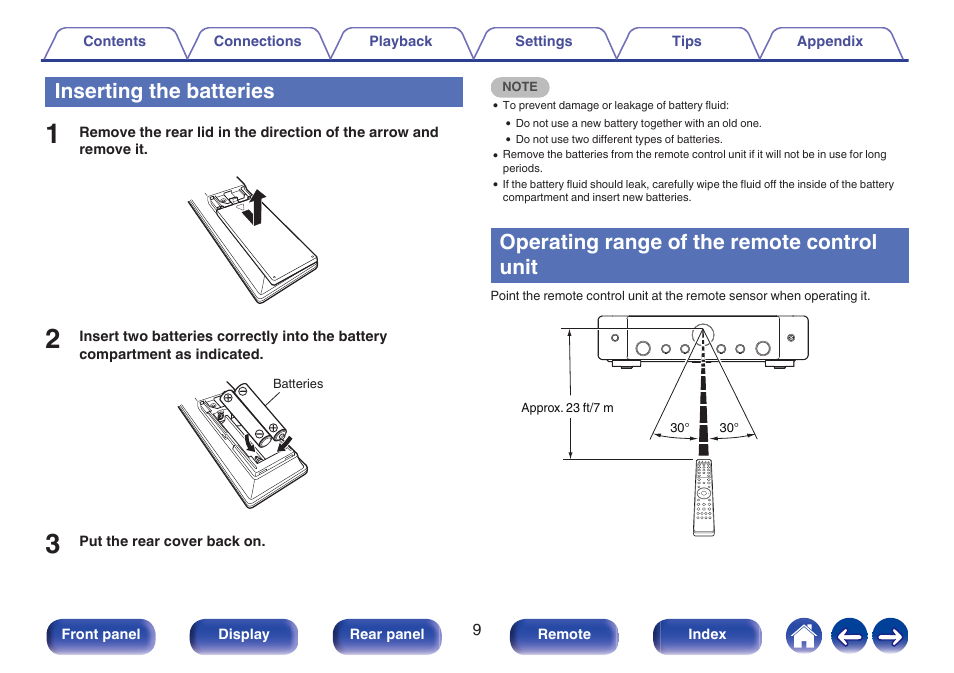 Inserting the batteries, Operating range of the remote control unit | Marantz Stereo 70S 2.1-Channel Network A/V Receiver User Manual | Page 9 / 218