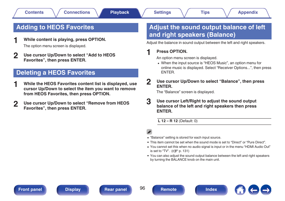 Adding to heos favorites, Deleting a heos favorites, Adding to | Heos favorites, Balance), P. 96) | Marantz Stereo 70S 2.1-Channel Network A/V Receiver User Manual | Page 96 / 218
