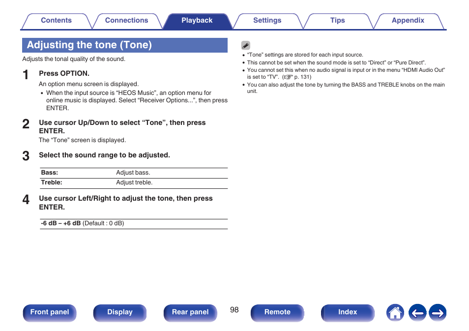 Adjusting the tone (tone), P. 98) | Marantz Stereo 70S 2.1-Channel Network A/V Receiver User Manual | Page 98 / 218