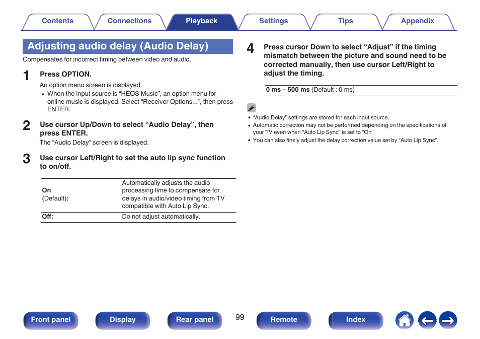 Adjusting audio delay (audio delay), P. 99) | Marantz Stereo 70S 2.1-Channel Network A/V Receiver User Manual | Page 99 / 218