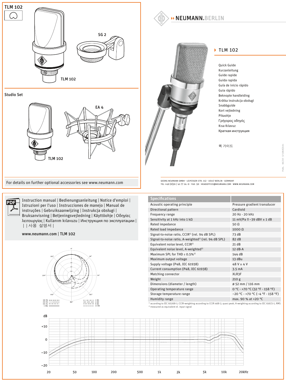 Neumann TLM 102 Studio Set Large-DiaphrCardioid Condenser Microphone with Shockmount (Nickel) User Manual | 2 pages