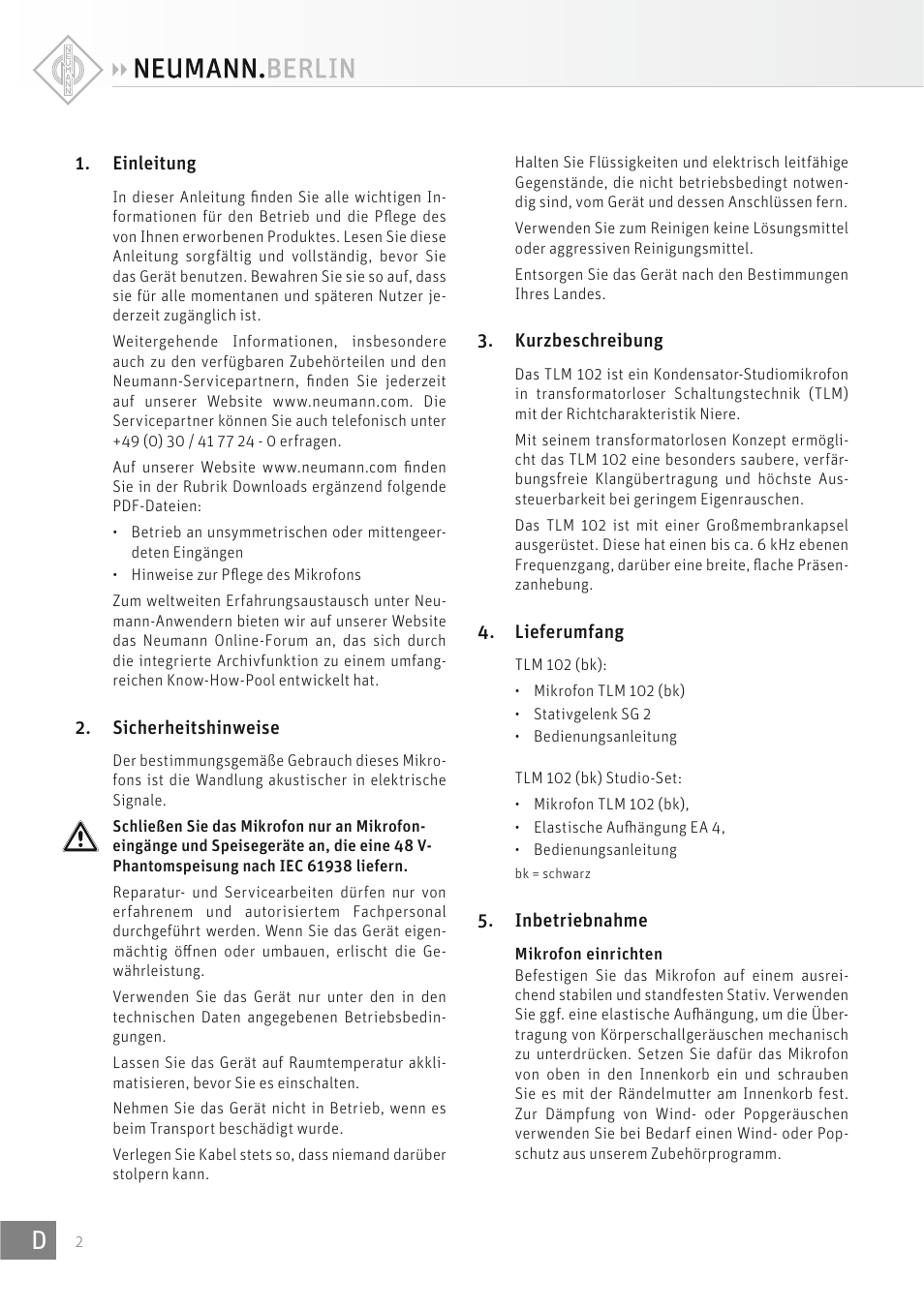 Neumann TLM 102 W Large-DiaphrCardioid Condenser Microphone with Shockmount (Limited Edition White) User Manual | Page 2 / 12