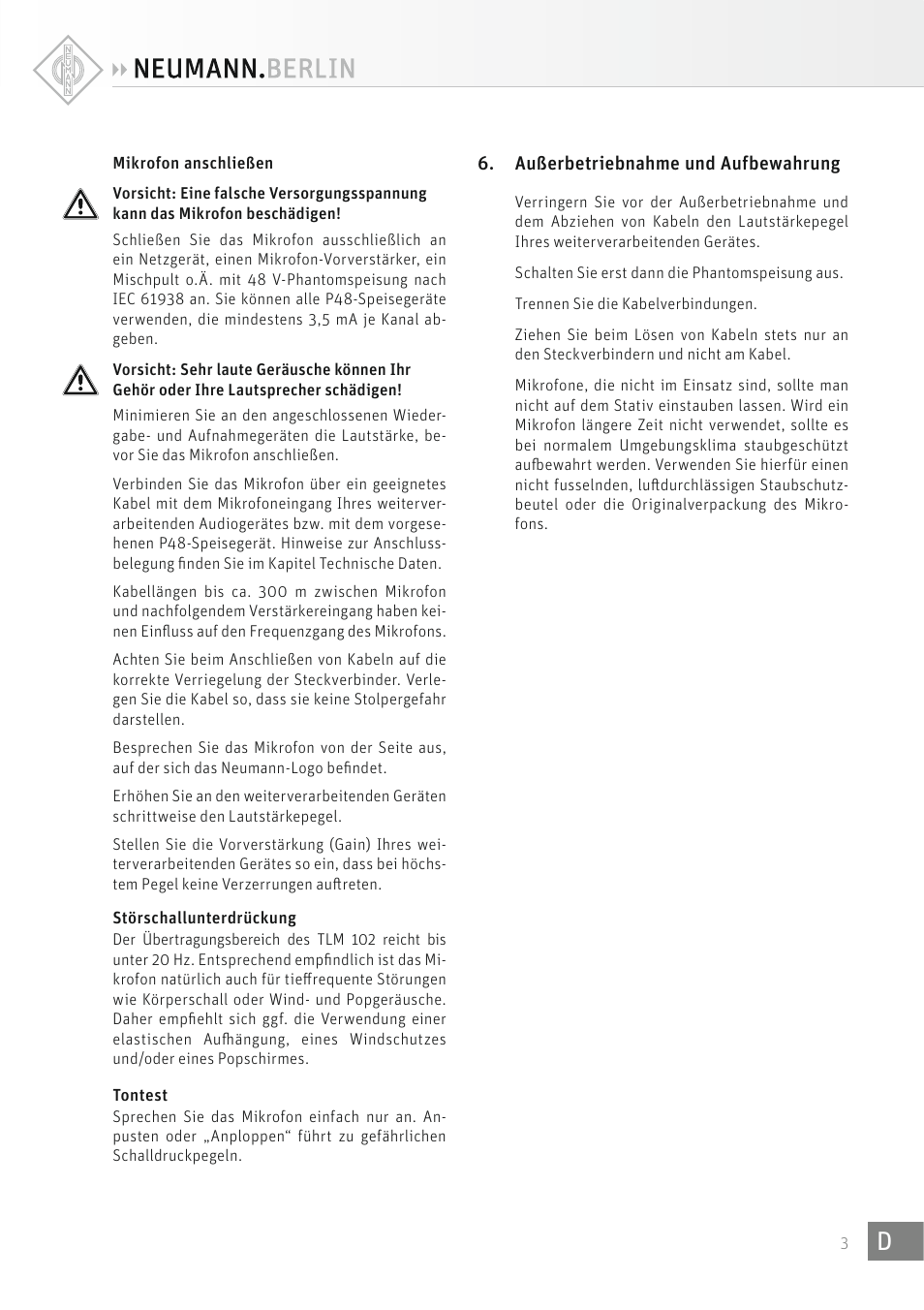 Neumann TLM 102 W Large-DiaphrCardioid Condenser Microphone with Shockmount (Limited Edition White) User Manual | Page 3 / 12