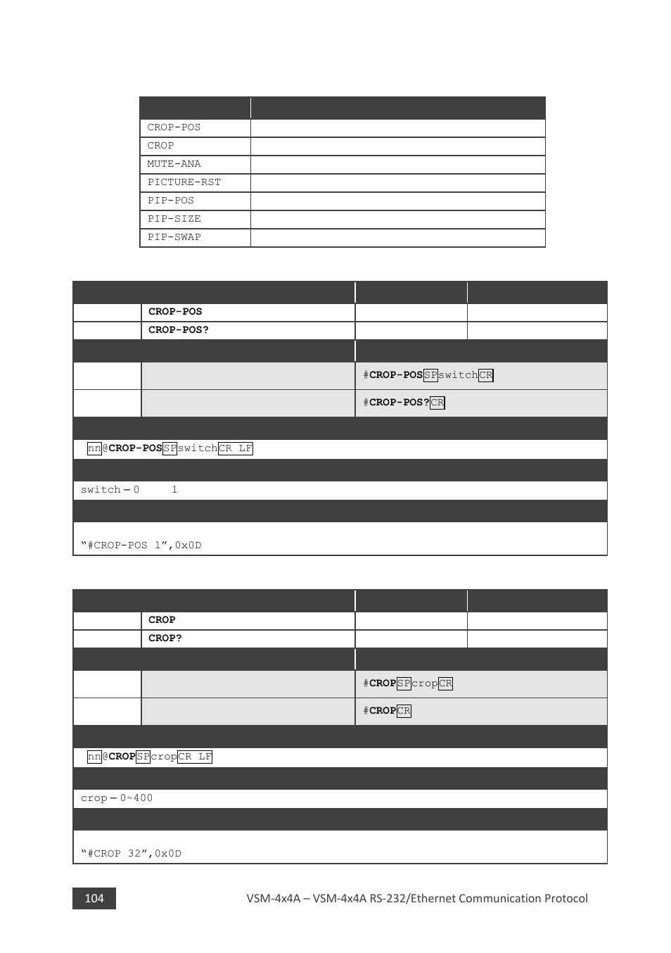 9 miscellaneous commands, 1 crop-pos, 2 crop | Kramer 4 x 4 Seamless AV Matrix Switcher/Multi-Scaler User Manual | Page 111 / 117