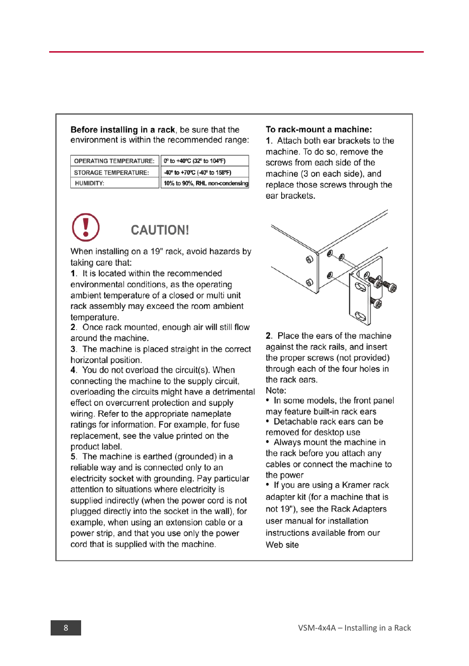 4 installing in a rack, Installing in a rack, 4installing in a rack | Kramer 4 x 4 Seamless AV Matrix Switcher/Multi-Scaler User Manual | Page 15 / 117