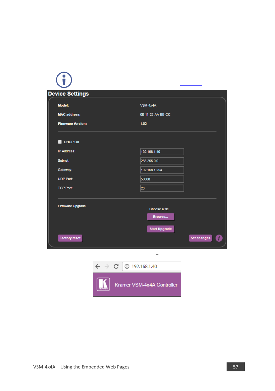 1 changing ethernet settings, Ethernet settings, Ip number settings | Kramer 4 x 4 Seamless AV Matrix Switcher/Multi-Scaler User Manual | Page 64 / 117