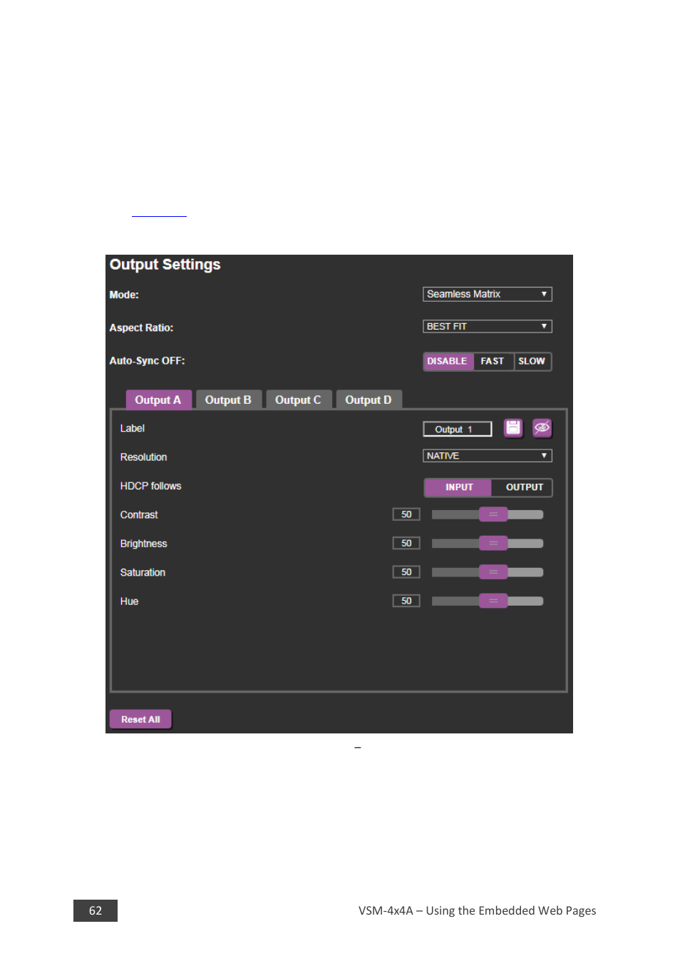 Matrix and video wall modes, Ion 8.4, 4 output settings page | Kramer 4 x 4 Seamless AV Matrix Switcher/Multi-Scaler User Manual | Page 69 / 117