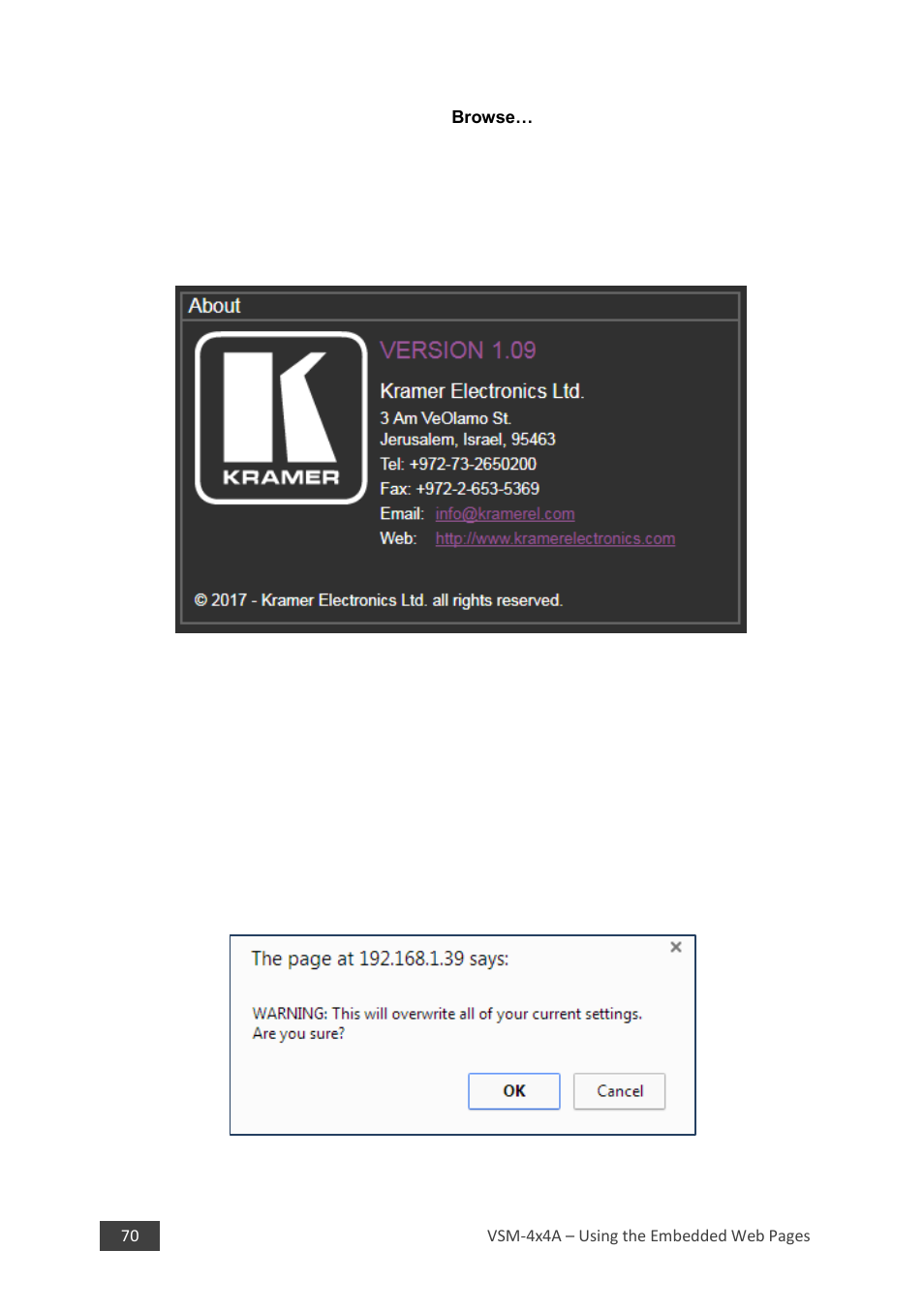 9 saving and uploading configurations, Saving and uploading configurations, Figure 56: loading a configuration | Ion 8.9, Ion 8.8, 8 about page | Kramer 4 x 4 Seamless AV Matrix Switcher/Multi-Scaler User Manual | Page 77 / 117