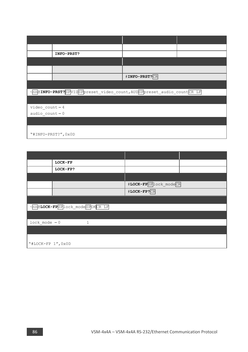 6 info-prst, 7 lock-fp | Kramer 4 x 4 Seamless AV Matrix Switcher/Multi-Scaler User Manual | Page 93 / 117