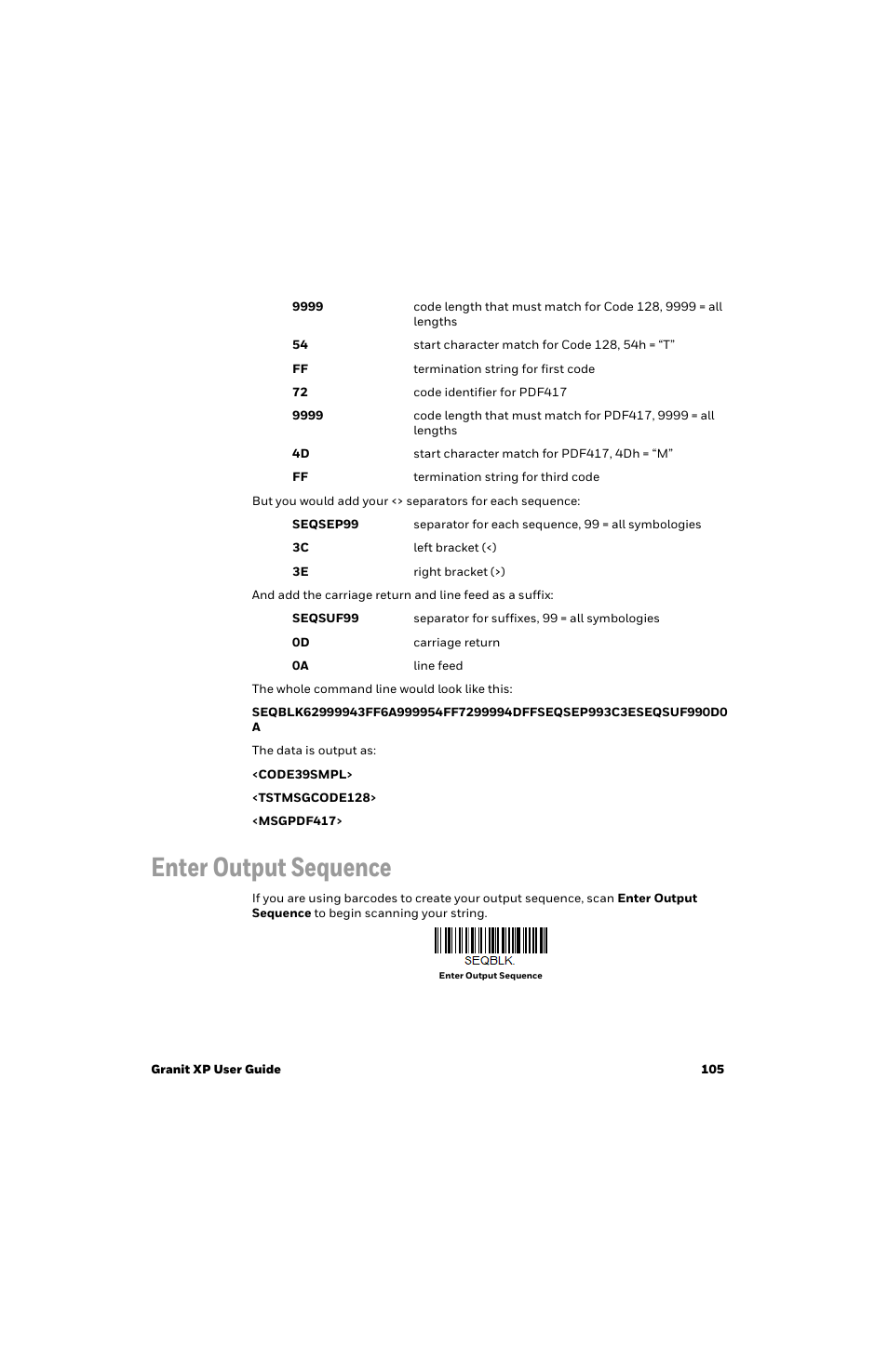 Enter output sequence, Enter output, Sequence | Honeywell Granit 1991iSR Ultra-Rugged Standard-Range Barcode Scanner User Manual | Page 121 / 308