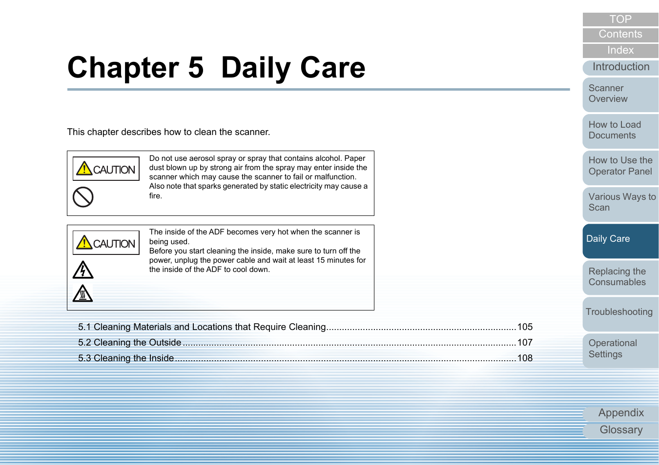 Chapter 5 daily care, Daily care, Chapter 5 daily | Fujitsu Ricoh Fujitsu fi-7700 Document Scanner User Manual | Page 104 / 238