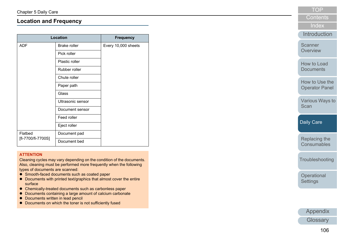 Location and frequency, Appendix glossary introduction index contents top | Fujitsu Ricoh Fujitsu fi-7700 Document Scanner User Manual | Page 106 / 238