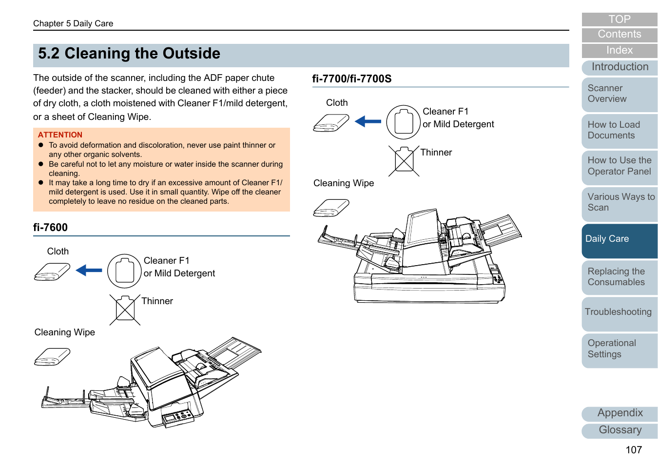 2 cleaning the outside, Fi-7600, Fi-7700/fi-7700s | Cleaning the outside, Fi-7600 fi-7700/fi-7700s | Fujitsu Ricoh Fujitsu fi-7700 Document Scanner User Manual | Page 107 / 238