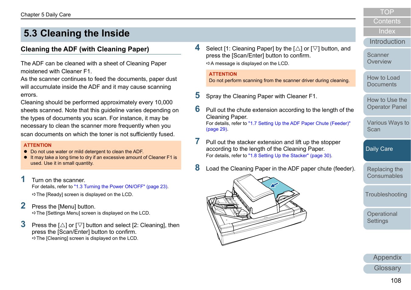 3 cleaning the inside, Cleaning the adf (with cleaning paper), Cleaning the inside | Fujitsu Ricoh Fujitsu fi-7700 Document Scanner User Manual | Page 108 / 238
