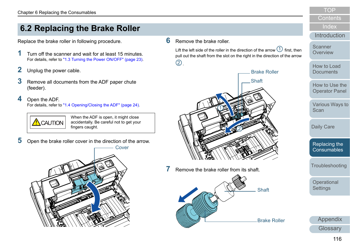 2 replacing the brake roller, Replacing the brake roller, 2 replacing the | Fujitsu Ricoh Fujitsu fi-7700 Document Scanner User Manual | Page 116 / 238