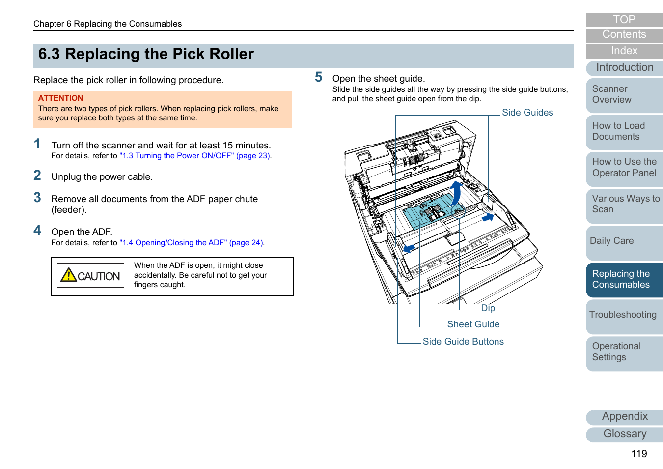 3 replacing the pick roller, Replacing the pick roller | Fujitsu Ricoh Fujitsu fi-7700 Document Scanner User Manual | Page 119 / 238