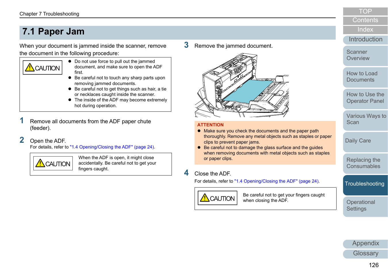 1 paper jam, Paper jam | Fujitsu Ricoh Fujitsu fi-7700 Document Scanner User Manual | Page 126 / 238