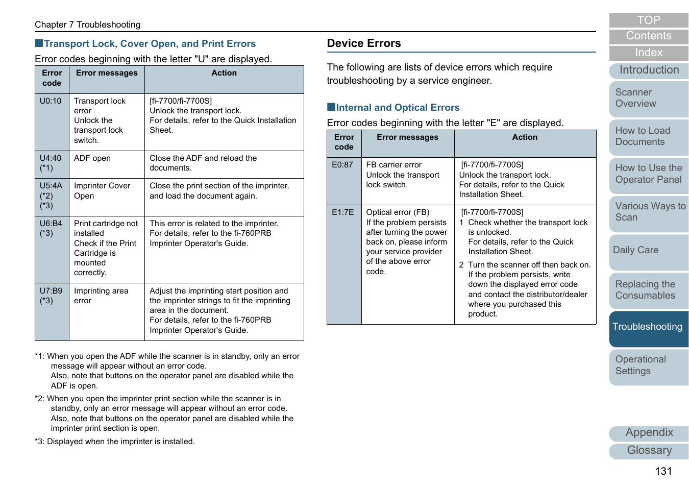 Device errors, Device, Appendix | Glossary introduction index contents top | Fujitsu Ricoh Fujitsu fi-7700 Document Scanner User Manual | Page 131 / 238