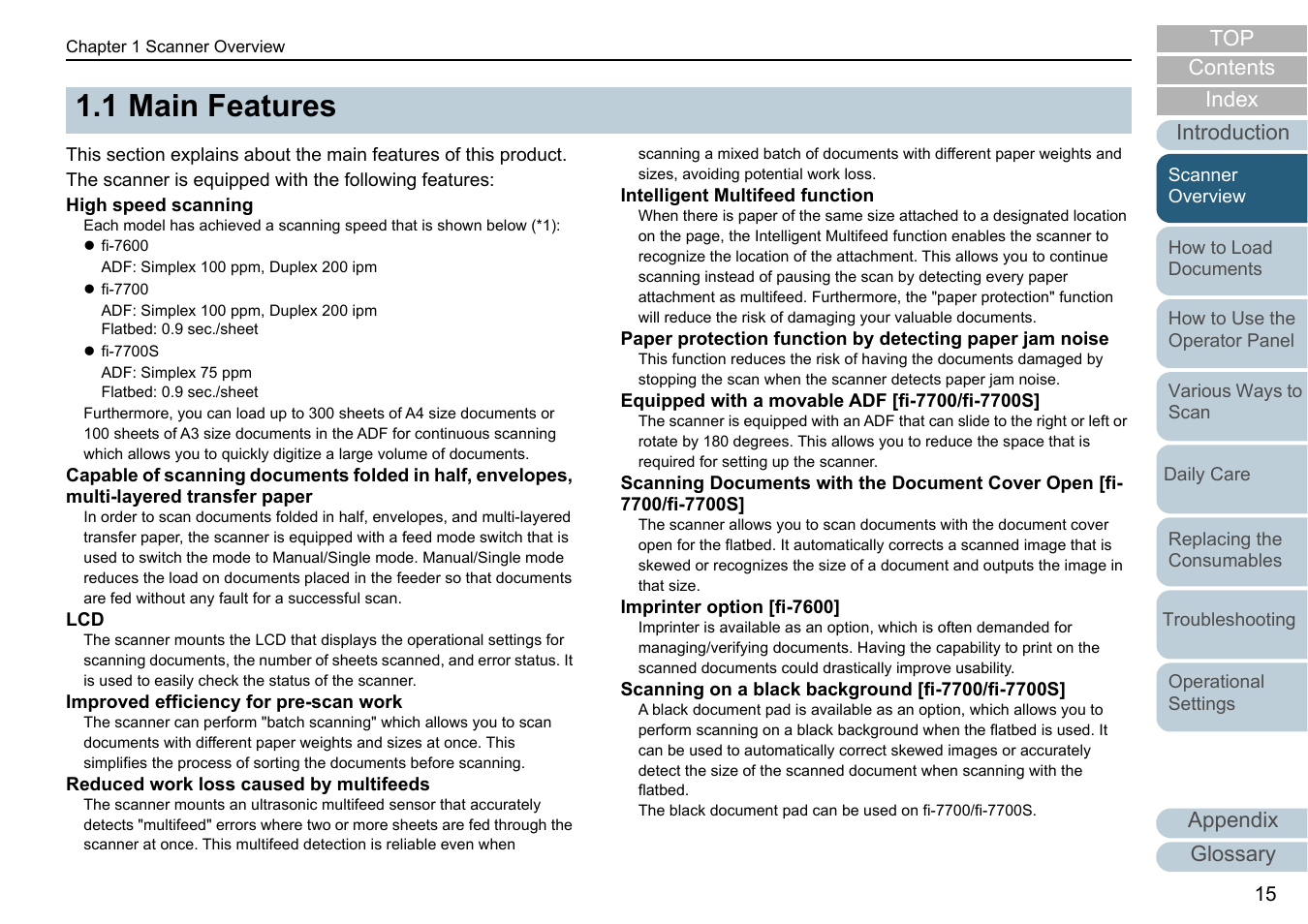 1 main features, Main features, Appendix | Glossary introduction index contents top | Fujitsu Ricoh Fujitsu fi-7700 Document Scanner User Manual | Page 15 / 238