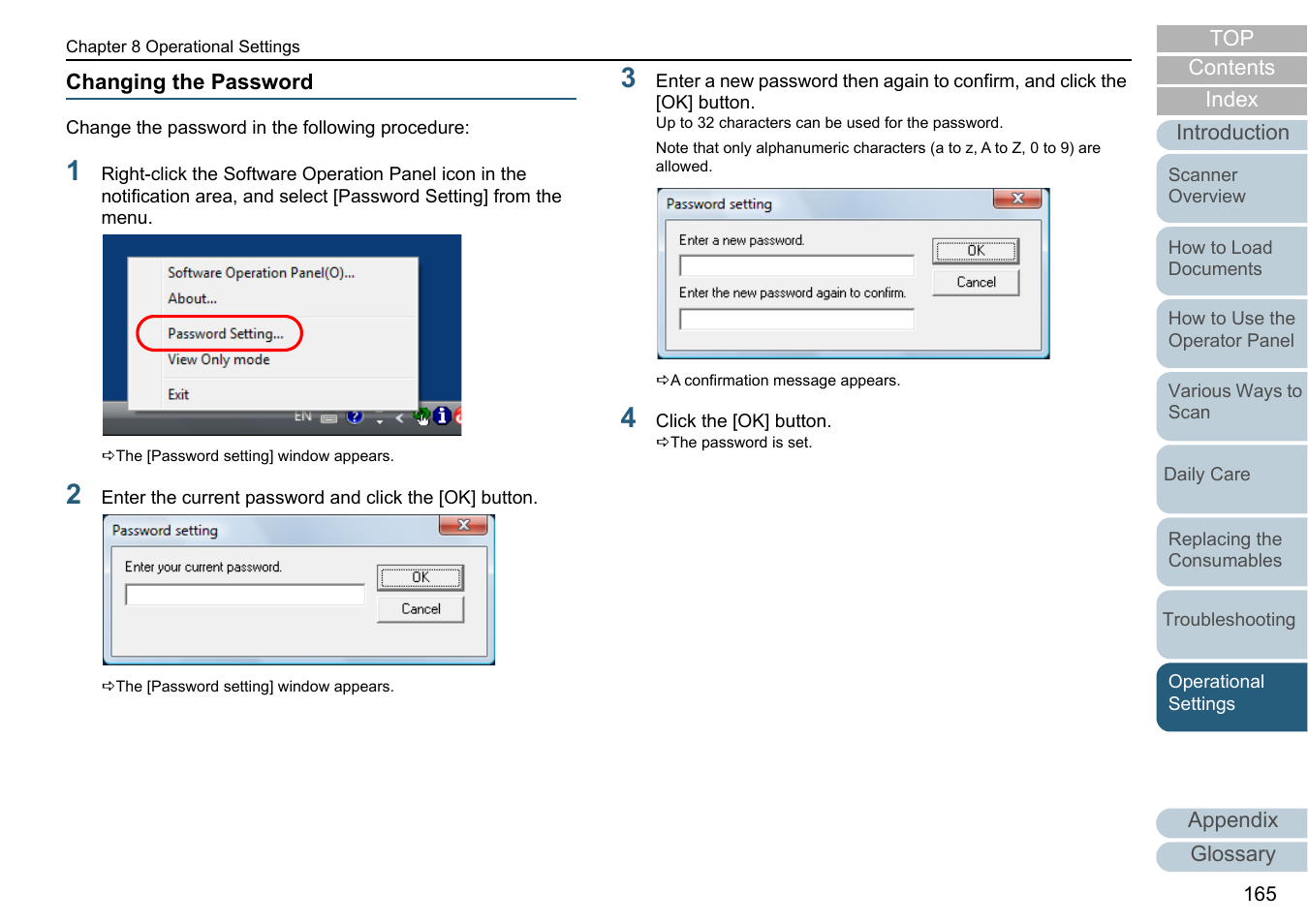 Changing the password | Fujitsu Ricoh Fujitsu fi-7700 Document Scanner User Manual | Page 165 / 238