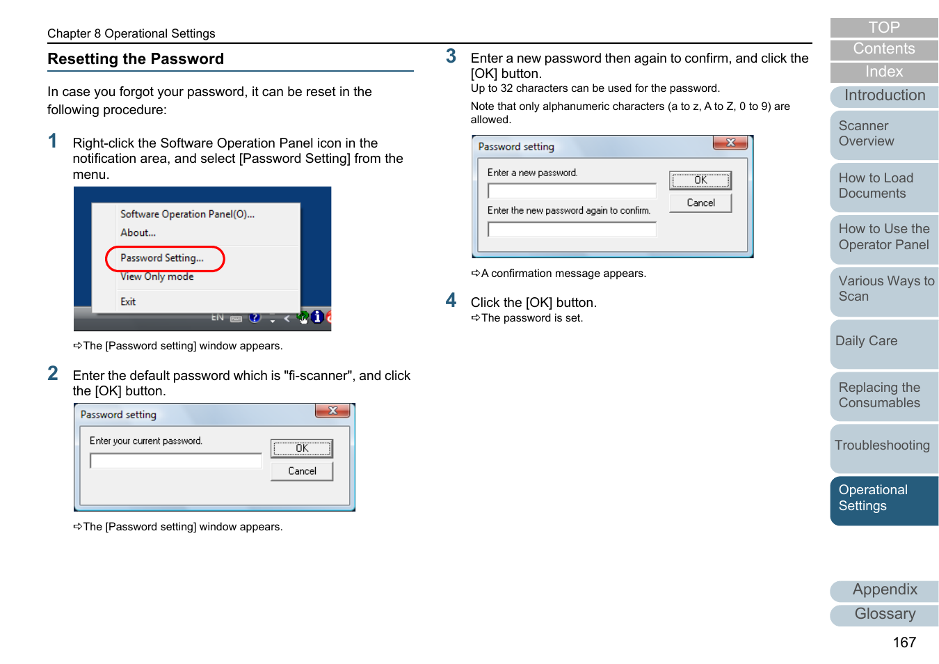 Resetting the password | Fujitsu Ricoh Fujitsu fi-7700 Document Scanner User Manual | Page 167 / 238