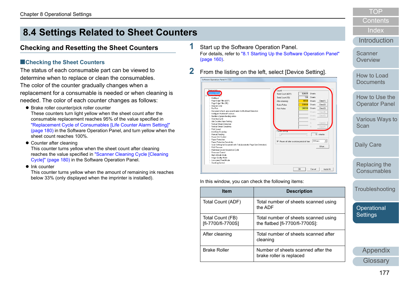4 settings related to sheet counters, Checking and resetting the sheet counters, Settings related to sheet counters | Appendix glossary introduction index contents top | Fujitsu Ricoh Fujitsu fi-7700 Document Scanner User Manual | Page 177 / 238