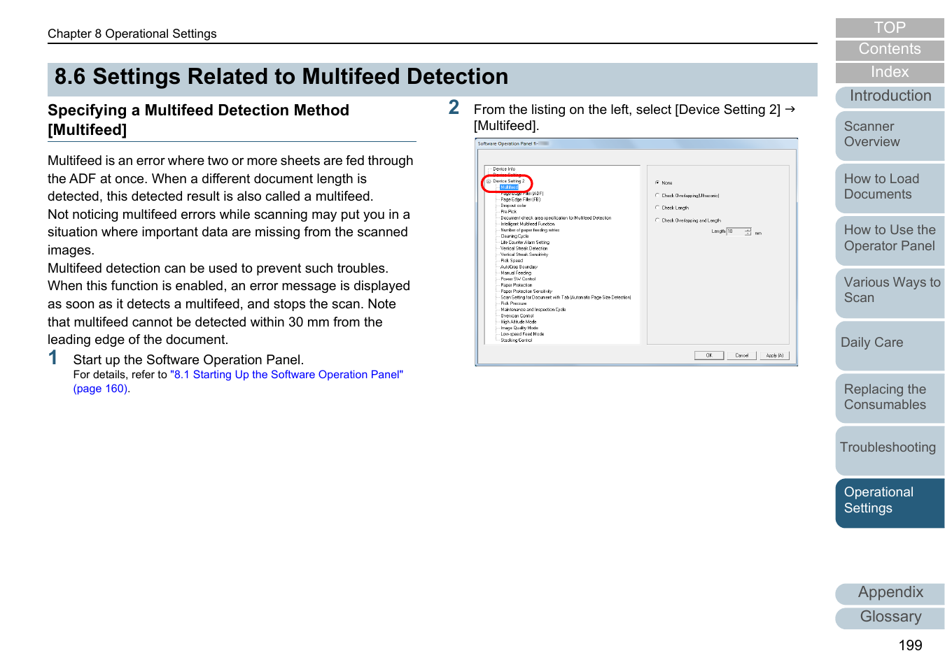 6 settings related to multifeed detection, Specifying a multifeed detection method [multifeed, Settings related to multifeed detection | Specifying a | Fujitsu Ricoh Fujitsu fi-7700 Document Scanner User Manual | Page 199 / 238