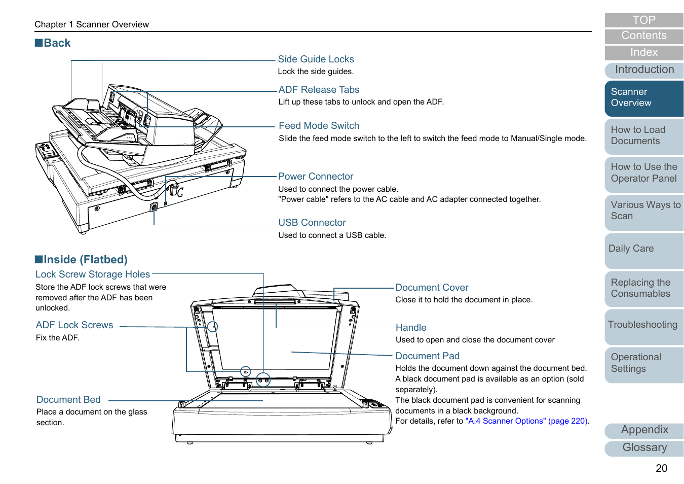 Appendix, Glossary introduction index contents top, Back ■ inside (flatbed) | Fujitsu Ricoh Fujitsu fi-7700 Document Scanner User Manual | Page 20 / 238