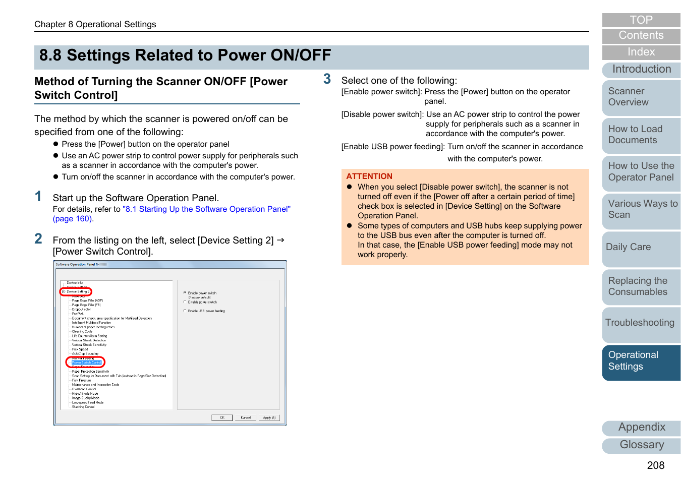 8 settings related to power on/off, Settings related to power on/off, Method of turning the scanner on/off [power | R to, Method of, Appendix glossary introduction index contents top | Fujitsu Ricoh Fujitsu fi-7700 Document Scanner User Manual | Page 208 / 238