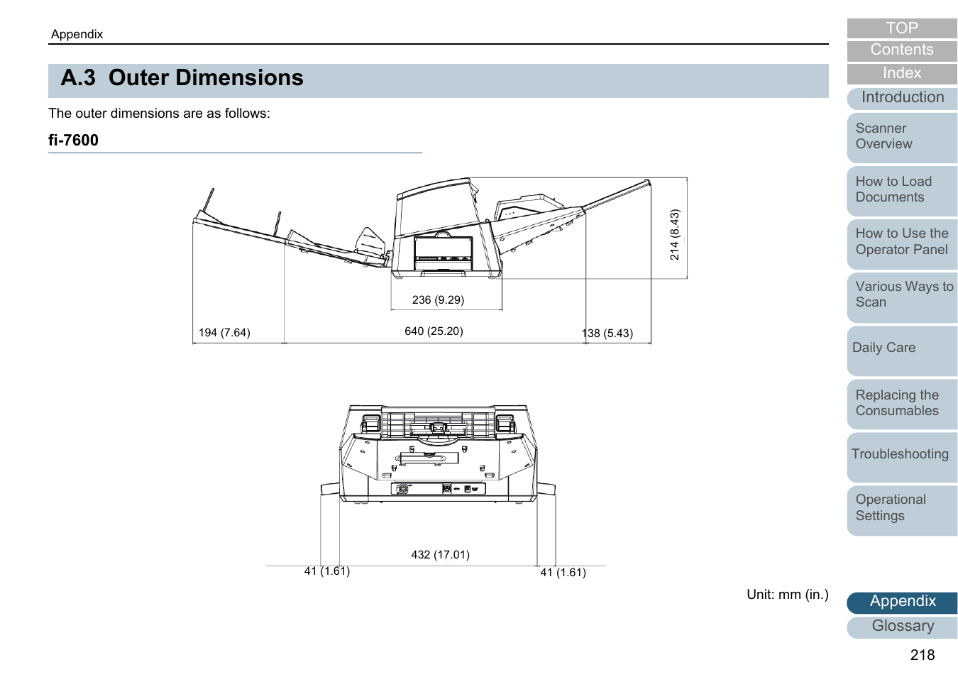 A.3 outer dimensions, Fi-7600, Outer dimensions | Fujitsu Ricoh Fujitsu fi-7700 Document Scanner User Manual | Page 218 / 238