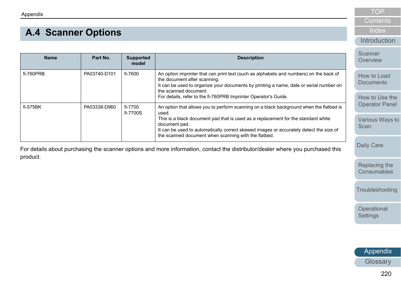 A.4 scanner options, Scanner options, Refer to | A.4 scanner, Appendix glossary introduction index contents | Fujitsu Ricoh Fujitsu fi-7700 Document Scanner User Manual | Page 220 / 238