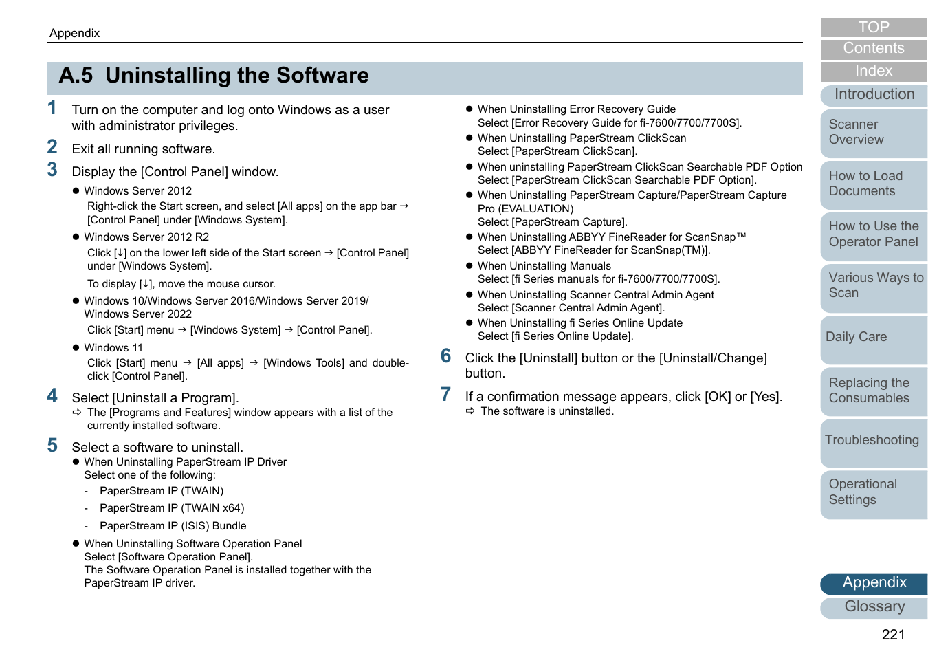 A.5 uninstalling the software, Uninstalling the software, R to | A.5 uninstalling, Appendix glossary introduction index contents | Fujitsu Ricoh Fujitsu fi-7700 Document Scanner User Manual | Page 221 / 238