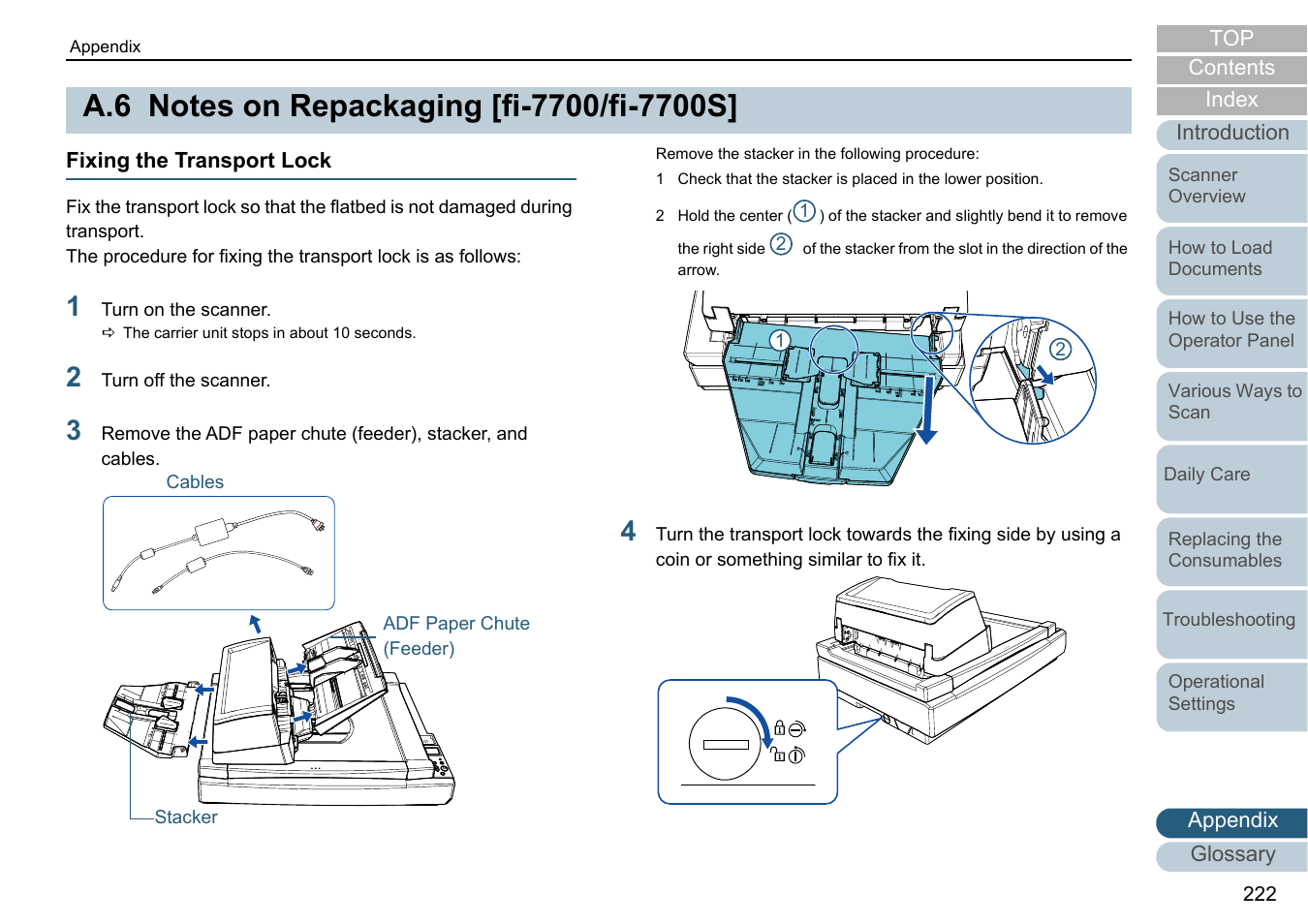 A.6 notes on repackaging [fi-7700/fi-7700s, Fixing the transport lock, Notes on repackaging [fi-7700/fi-7700s | Fujitsu Ricoh Fujitsu fi-7700 Document Scanner User Manual | Page 222 / 238