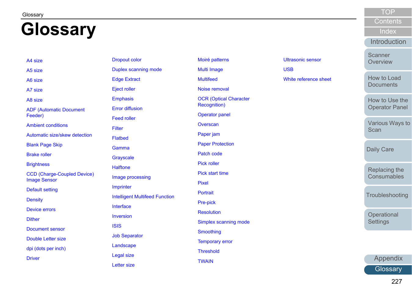 Glossary, Introduction, Appendix glossary index contents top | Fujitsu Ricoh Fujitsu fi-7700 Document Scanner User Manual | Page 227 / 238