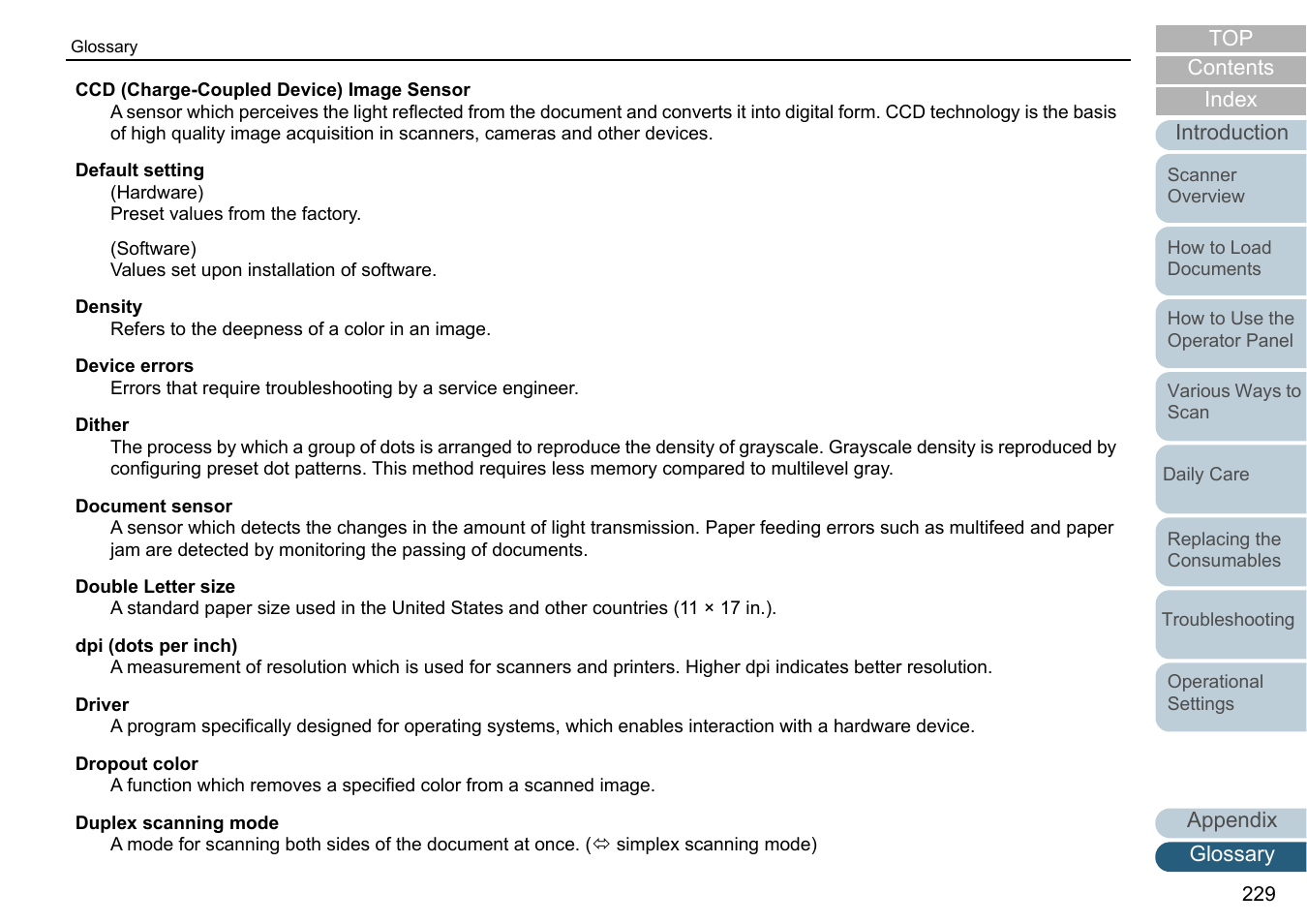 Ccd (charge-coupled device) image sensor, Default setting, Density | Device errors, Dither, Document sensor, Double letter size, Dpi (dots per inch), Driver, Dropout color | Fujitsu Ricoh Fujitsu fi-7700 Document Scanner User Manual | Page 229 / 238