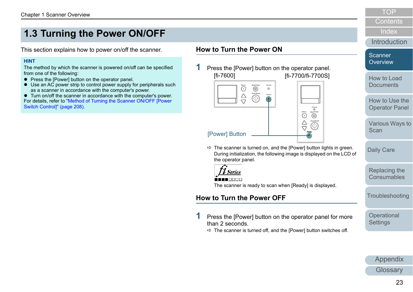 3 turning the power on/off, How to turn the power on, How to turn the power off | Turning the power on/off, How to turn the power on how to turn the power off, Appendix, Glossary introduction index contents top | Fujitsu Ricoh Fujitsu fi-7700 Document Scanner User Manual | Page 23 / 238