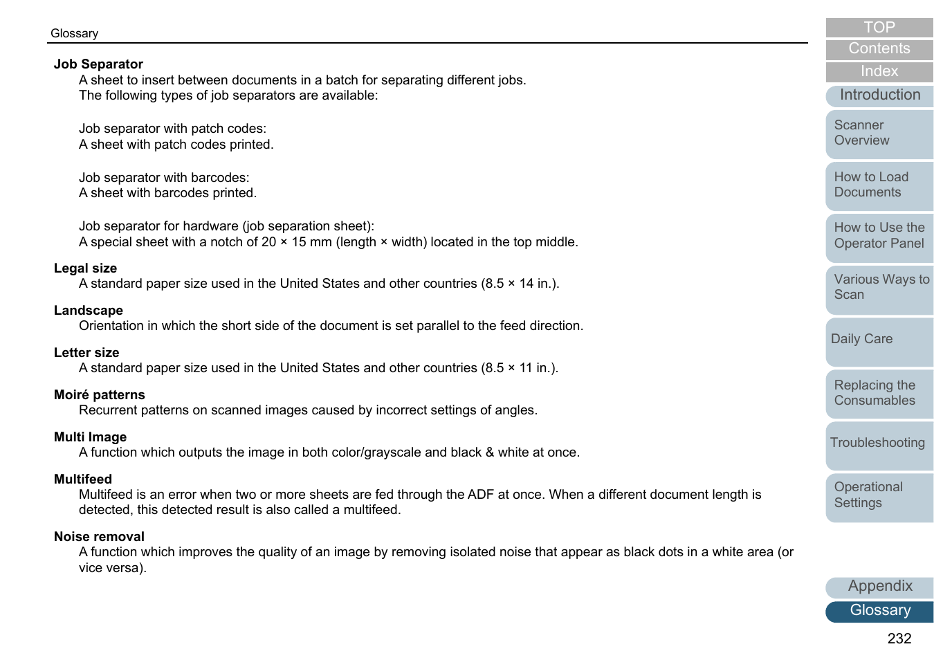 Job separator, Landscape, Legal size | Letter size, Moiré patterns, Multi image, Multifeed, Noise removal | Fujitsu Ricoh Fujitsu fi-7700 Document Scanner User Manual | Page 232 / 238